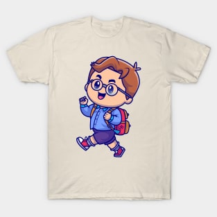 Cute Boy Going To School Cartoon T-Shirt